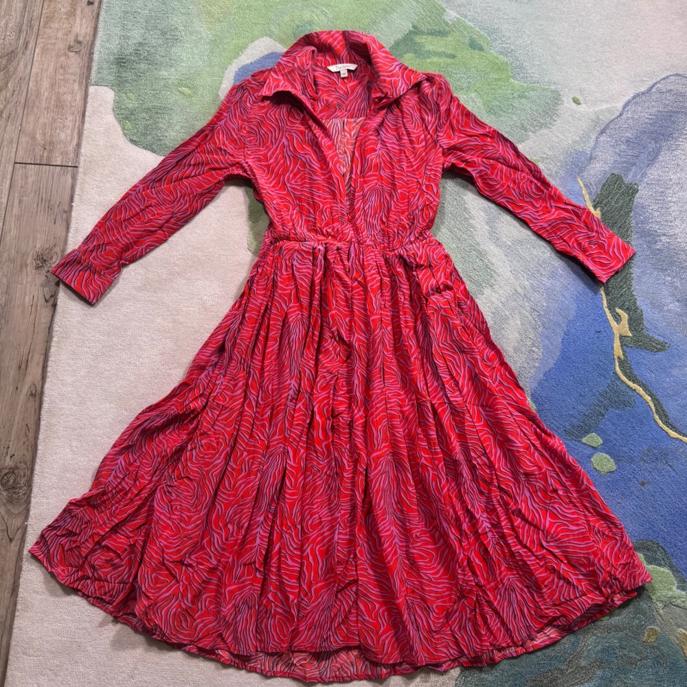 Tucker Red Pink Abstract Zebra Print Long Sleeve Midi Dress XXS